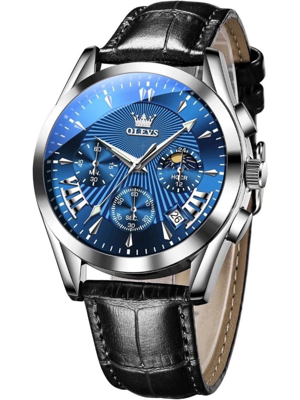 Men's Blue Leather Chronograph Watch Big Face Waterproof Date Luminous Watch